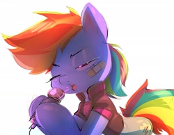 Size: 1937x1501 | Tagged: safe, artist:musicalgenius, derpibooru import, rainbow dash, pegasus, pony, bandage, bandaid, clothes, eyes closed, hoof hold, microphone, simple background, singing, white background