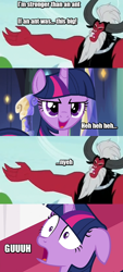 Size: 380x840 | Tagged: safe, derpibooru import, screencap, lord tirek, twilight sparkle, twilight sparkle (alicorn), alicorn, pony, twilight's kingdom, ant, comic, dragonzball p, dragonzball peepee, female, image macro, mare, meme, parody, strength