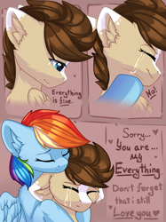 Size: 2048x2732 | Tagged: safe, artist:alphadesu, derpibooru import, rainbow dash, oc, oc:skittle, pegasus, pony, canon x oc, comforting, crying, female, hug, male, sad, shipping, skidash, ych result