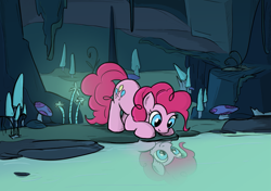 Size: 1253x881 | Tagged: safe, artist:sirvalter, pinkie pie, earth pony, pony, too many pinkie pies, cave, cave pool, mirror pool, scene interpretation, solo