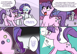 Size: 1881x1323 | Tagged: safe, artist:shrabby, rarity, suri polomare, earth pony, pony, unicorn, comic:dressed to ingest, clothes, comic, corset, dialogue, female, imminent vore, mare, saddle, tack