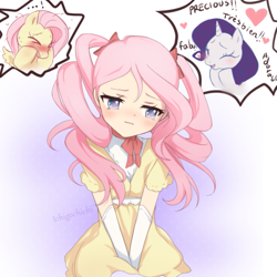 Size: 949x949 | Tagged: safe, artist:ichigochichi, fluttershy, rarity, human, pony, ..., :, adorkable, alternate hairstyle, blushing, bowtie, bust, clothes, cute, diabetes, dialogue, digital art, dork, embarrassed, exclamation point, eyes closed, fabulous, female, heart, humanized, ichigochichi is trying to murder us, looking away, makeover, open mouth, pigtails, precious, self ponidox, shyabetes, simple background, smiling, sweat, twintails, white background