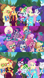 Size: 1617x2808 | Tagged: safe, edit, editor:sonic ranger, applejack, fluttershy, pinkie pie, rainbow dash, rarity, sci-twi, sunset shimmer, twilight sparkle, twilight sparkle (alicorn), alicorn, earth pony, pegasus, pony, unicorn, better together, equestria girls, festival filters, my little pony: pony life, applejack's hat, cowboy hat, disgusted, female, flying, geode of empathy, geode of fauna, geode of shielding, geode of telekinesis, glasses, hat, magical geodes, mane six, mare, pony life drama