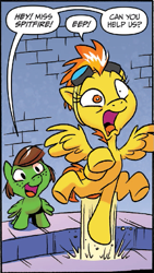 Size: 461x815 | Tagged: safe, artist:jay fosgitt, derpibooru import, idw, spitfire, pegasus, pony, friends forever, spoiler:comic, spoiler:comicff11, faic, goggles, jumping, peanuts, pedophobia, peppermint patty, startled