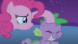 Size: 1366x768 | Tagged: safe, screencap, pinkie pie, spike, dragon, earth pony, pony, owl's well that ends well, noogie, spikelove