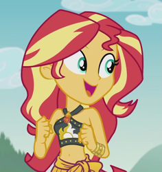 Size: 1021x1080 | Tagged: safe, screencap, sunset shimmer, better together, equestria girls, unsolved selfie mysteries, beautiful, belly button, bikini, bikini babe, bracelet, clothes, cropped, cute, female, geode of empathy, happy, jewelry, magical geodes, midriff, sarong, shimmerbetes, sleeveless, smiling, solo, swimsuit