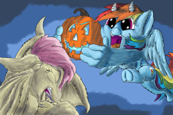 Size: 2100x1400 | Tagged: safe, artist:firefanatic, derpibooru import, fluttershy, rainbow dash, bat pony, pony, bat ponified, crying, cute, distressed, excited, fire, flutterbat, halloween, happy, holding, holiday, jack-o-lantern, pumpkin, race swap