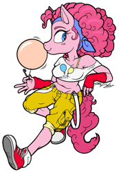 Size: 600x866 | Tagged: safe, artist:molochtdl, pinkie pie, anthro, bubblegum, clothes, converse, food, pin, shoes, simple background, solo, transparent background