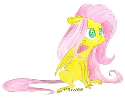 Size: 1339x1048 | Tagged: safe, artist:raiwee, fluttershy, pegasus, pony, floppy ears, gritted teeth, looking at something, looking away, simple background, sitting, solo, traditional art, white background