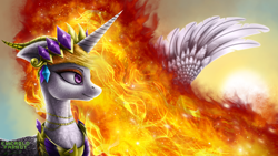 Size: 2560x1440 | Tagged: safe, artist:emeraldparrot, nightmare star, princess celestia, alicorn, pony, crown, detailed, floppy ears, jewelry, mane of fire, mirror universe, nicemare star, regalia, solo, spread wings, sun, wallpaper