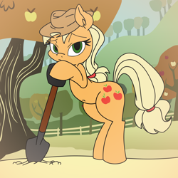 Size: 3000x3000 | Tagged: safe, artist:dfectivedvice, artist:pananovich, applejack, earth pony, pony, bipedal leaning, looking at you, shovel, solo