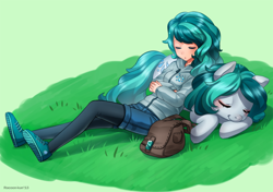 Size: 1200x846 | Tagged: safe, artist:racoonsan, derpibooru import, oc, oc only, oc:dew droplet, earth pony, pony, bag, clothes, eyes closed, human ponidox, humanized, pantyhose, sleeping