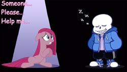 Size: 1920x1080 | Tagged: safe, pinkie pie, earth pony, pony, fanfic:cupcakes, bad end, comic sans, crossover, female, good end, image macro, mare, meme, peril, photoshop, pinkamena diane pie, sans (undertale), spoilers for another series, time stop, undertale