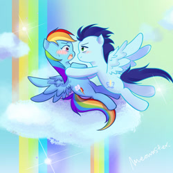 Size: 1280x1280 | Tagged: safe, artist:meownstersss, derpibooru import, rainbow dash, soarin', pegasus, pony, blushing, cloud, cute, dashabetes, female, male, rainbow, shipping, soarindash, straight, wings