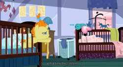 Size: 629x343 | Tagged: safe, derpibooru import, screencap, pumpkin cake, condom, foal, vulgar, youtube caption