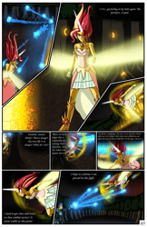 Size: 2331x3600 | Tagged: safe, artist:artemis-polara, flash sentry, sunset shimmer, comic:a battle to save a possessed soul, equestria girls, arm cannon, armor, armpits, aura, badass, beam, bleeding, blocking, blood, breasts, cleavage, clothes, comic, commission, corrupted, danger, dark samus, daydream shimmer, defending, destruction, devastation, dress, electrified, electrocution, energy weapon, explosion, falling, fear, female, fight, forest, guarding, horn, injured, magic, male, metroid, night, pain, phazon, possessed, red eye, scared, serious, serious face, shocked expression, tree, weapon