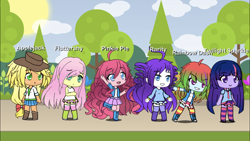 Size: 1334x750 | Tagged: safe, derpibooru import, applejack, fluttershy, pinkie pie, rainbow dash, rarity, twilight sparkle, equestria girls, gacha, gacha life, humane five