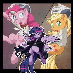 Size: 1000x1001 | Tagged: safe, artist:dstears, applejack, pinkie pie, twilight sparkle, twilight sparkle (alicorn), alicorn, earth pony, pony, bipedal, elizabeth thompson, female, liz thompson, mare, patricia thompson, soul eater