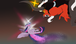 Size: 2893x1693 | Tagged: safe, artist:cosmichat, derpibooru import, lord tirek, twilight sparkle, twilight sparkle (alicorn), alicorn, pony, twilight's kingdom, female, glowing eyes, mare