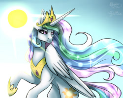 Size: 1001x801 | Tagged: safe, artist:jylaritaowo, artist:minelvi, princess celestia, alicorn, pony, collaboration, female, looking back, mare, rearing, solo, sun