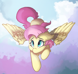 Size: 1600x1524 | Tagged: safe, artist:saxopi, fluttershy, pegasus, pony, chest fluff, floppy ears, flying, looking up, raised hoof, sky, solo, spread wings