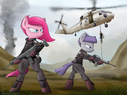 Size: 4000x3000 | Tagged: safe, artist:pandramodo, maud pie, pinkie pie, earth pony, pony, the cutie re-mark, alternate timeline, apinkalypse pie, apocalypse maud, ar15, assault rifle, badass, bipedal, bushmaster acr, crystal war timeline, gun, helicopter, magpul, pinkamena diane pie, rappelling, rifle, uh-60 blackhawk, weapon