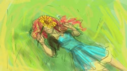 Size: 1280x720 | Tagged: safe, artist:elisdoominika, sunset shimmer, human, clothes, flower, grass, humanized, lying, sunflower