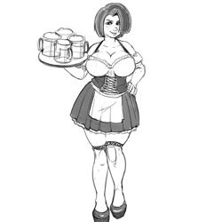 Size: 800x800 | Tagged: safe, artist:kevinsano, derpibooru import, babs seed, human, bar maid, beer, boobs seed, breasts, cleavage, clothes, corset, female, grayscale, humanized, monochrome, sexy, skirt, socks, solo, stupid sexy babs seed