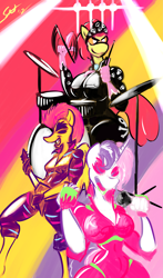 Size: 2893x4910 | Tagged: safe, artist:saliantsunbreeze, apple bloom, scootaloo, sweetie belle, anthro, the show stoppers, apple bloomed, breasts, death metal, female, older, rock, rock n' roll, show stopper outfits