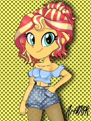 Size: 1536x2048 | Tagged: safe, artist:artmlpk, sunset shimmer, equestria girls, alternate hairstyle, bun, clothes, cute, female, hair bun, hands in pockets, midriff, polka dot background, shimmerbetes, short shirt, solo