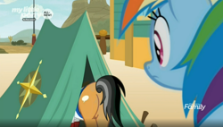Size: 1644x931 | Tagged: safe, derpibooru import, screencap, quibble pants, rainbow dash, earth pony, pegasus, pony, common ground, appleloosa, eyes on the prize, female, mare, out of context, plot, tent