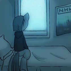 Size: 1280x1280 | Tagged: safe, artist:lonelycross, marble pie, ask lonely inky, bed, clothes, hoodie, kneeling, lonely inky, looking out the window, nine inch nails, poster, window