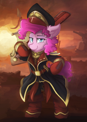 Size: 1280x1798 | Tagged: safe, artist:saxopi, pinkie pie, earth pony, pony, bipedal, chainsword, clothes, commissar, crossover, female, looking at you, solo, sword, warhammer (game), warhammer 40k, weapon