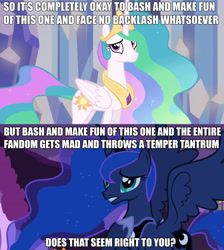 Size: 1920x2144 | Tagged: safe, edit, edited screencap, screencap, princess celestia, princess luna, alicorn, pony, drama bait, female, image macro, mare, meme, op has a point, op is a cuck, op is trying to start shit, sad