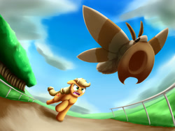Size: 2000x1504 | Tagged: safe, artist:otakuap, applejack, oc, oc:fluffy the bringer of darkness, earth pony, insect, moth, pony, accessory theft, angry, animal, applejack's hat, chase, cloud, cowboy hat, female, floppy ears, freckles, giant insect, glare, grass, hat, mare, mouth hold, open mouth, raised hoof, running, sky