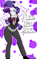 Size: 1700x2700 | Tagged: safe, artist:warriorg04, rarity, equestria girls, clothes, female, fuck you, hand on hip, looking at you, middle finger, out of character, pants, solo, vest, vulgar