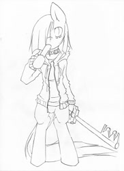 Size: 872x1200 | Tagged: safe, artist:lonelycross, marble pie, earth pony, pony, bipedal, clothes, collar, eating, female, food, hair over one eye, jacket, keyblade, kingdom hearts, mare, monochrome, popsicle, shirt, solo