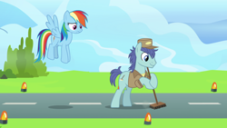 Size: 1920x1080 | Tagged: safe, derpibooru import, screencap, rainbow dash, earth pony, pegasus, pony, the last problem, broom, deep clean, female, janitor, male, mare, stallion, wonderbolts headquarters