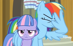 Size: 1442x904 | Tagged: safe, derpibooru import, screencap, rainbow dash, wind sprint, pegasus, pony, common ground, auntie dashie, cropped, discovery family logo, duo, eyes closed, facewing, female, filly, foal, hug, mare, unimpressed, winghug