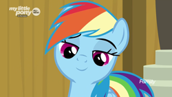 Size: 1280x720 | Tagged: safe, derpibooru import, screencap, rainbow dash, pegasus, pony, common ground, female, lidded eyes, mare, smiling, solo