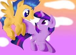 Size: 1048x762 | Tagged: safe, artist:keira-chann, derpibooru import, flash sentry, twilight sparkle, twilight sparkle (alicorn), alicorn, pony, blank flank, female, flashlight, flying, flying lesson, male, mare, shipping, straight