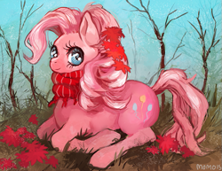 Size: 741x571 | Tagged: safe, artist:momogatari, pinkie pie, earth pony, pony, autumn, clothes, leaves, prone, scarf, solo