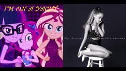 Size: 1280x720 | Tagged: safe, pinkie pie, sci-twi, sunset shimmer, twilight sparkle, better together, equestria girls, i'm on a yacht, ariana grande, mashup, neon eg logo, problem (ariana grande)