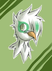 Size: 570x784 | Tagged: safe, artist:lonelycross, oc, oc only, griffon, beak, bust, glasses, green background, green eyes, griffon oc, simple background, smiling, solo