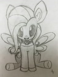 Size: 2448x3262 | Tagged: safe, artist:thewanderingtyto, fluttershy, pegasus, pony, clothes, grayscale, looking at you, monochrome, pencil drawing, sitting, solo, spread wings, traditional art