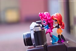 Size: 5417x3611 | Tagged: safe, artist:artofmagicpoland, pinkie pie, sunset shimmer, equestria girls, 35mm camera, doll, equestria girls minis, eqventures of the minis, pushing, toy