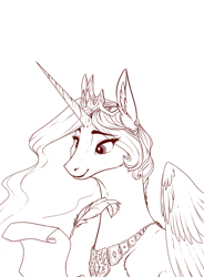 Size: 950x1292 | Tagged: safe, artist:28gooddays, princess celestia, alicorn, pony, ear fluff, female, lineart, magic, mare, monochrome, quill, scroll, simple background, solo, telekinesis, white background