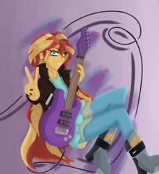 Size: 1024x1116 | Tagged: safe, artist:midnight-note, sunset shimmer, equestria girls, abstract background, electric guitar, guitar, musical instrument, peace sign, smiling, solo, sunset shredder