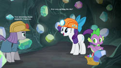 Size: 1280x720 | Tagged: safe, edit, edited screencap, screencap, maud pie, rarity, spike, dragon, pony, unicorn, rock solid friendship, cave, gem, gem cave, rock, text, that pony sure does love rocks