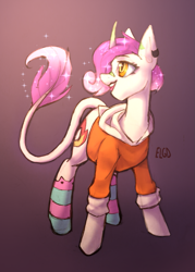 Size: 857x1200 | Tagged: safe, artist:ecolinegd, oc, pony, unicorn, clothes, ear piercing, earring, ethereal mane, gradient background, gradient mane, jewelry, piercing, scar, simple background, solo, starry mane, stockings, thigh highs